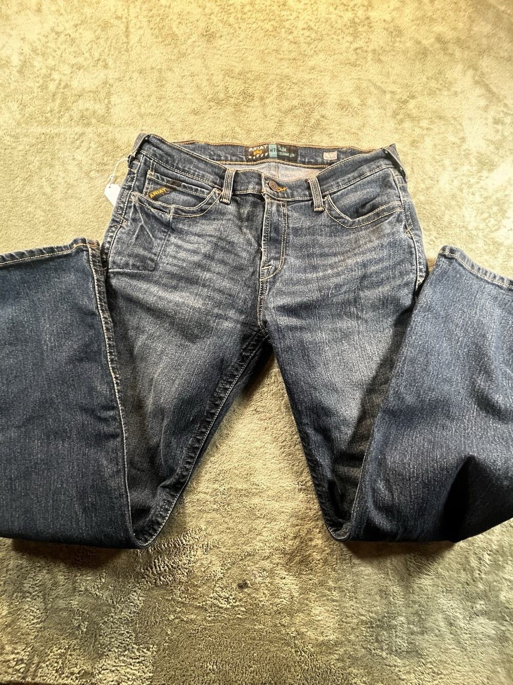 Ariat Rebar Men’s Slim Straight Blue Denim Jeans Medium Wash 5-Pocket Logo